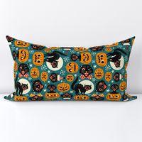  Large Scale / Spooky Vintage Cats And Pumpkins / Dark Blue 