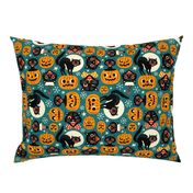  Large Scale / Spooky Vintage Cats And Pumpkins / Dark Blue 