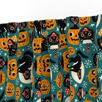  Large Scale / Spooky Vintage Cats And Pumpkins / Dark Blue 