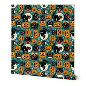  Large Scale / Spooky Vintage Cats And Pumpkins / Dark Blue 