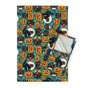  Large Scale / Spooky Vintage Cats And Pumpkins / Dark Blue 