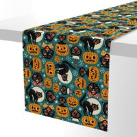  Large Scale / Spooky Vintage Cats And Pumpkins / Dark Blue 