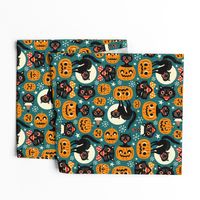  Large Scale / Spooky Vintage Cats And Pumpkins / Dark Blue 