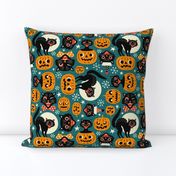  Large Scale / Spooky Vintage Cats And Pumpkins / Dark Blue 