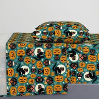  Large Scale / Spooky Vintage Cats And Pumpkins / Dark Blue 