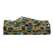  Large Scale / Spooky Vintage Cats And Pumpkins / Dark Blue 