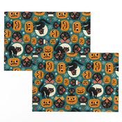  Large Scale / Spooky Vintage Cats And Pumpkins / Dark Blue 