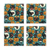  Large Scale / Spooky Vintage Cats And Pumpkins / Dark Blue 