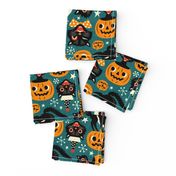  Large Scale / Spooky Vintage Cats And Pumpkins / Dark Blue 