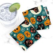  Large Scale / Spooky Vintage Cats And Pumpkins / Dark Blue 