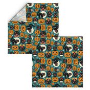  Large Scale / Spooky Vintage Cats And Pumpkins / Dark Blue 