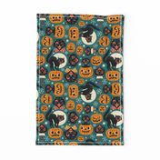  Large Scale / Spooky Vintage Cats And Pumpkins / Dark Blue 