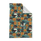  Large Scale / Spooky Vintage Cats And Pumpkins / Dark Blue 