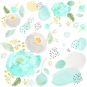 8" TEAL GREY & GOLD WATERCOLOR FLORALS