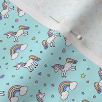 (micro print) unicorns with rainbows (pastels) on blue