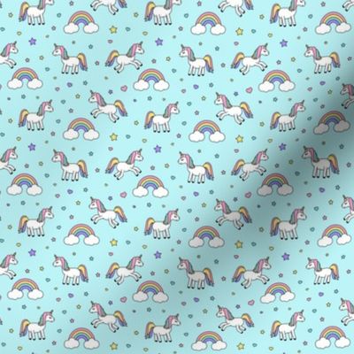 (micro print) unicorns with rainbows (pastels) on blue