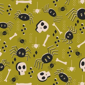 Vintage Halloween Skulls Bones and Spiders, Green