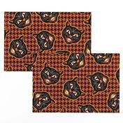 Vintage Halloween Cats - Spooky Black Cat Faces on Orange Houndstooth