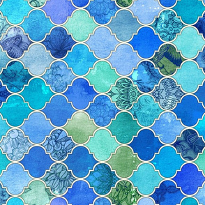 Cobalt Blue and Aqua Decorative Moroccan Tiles Rotated