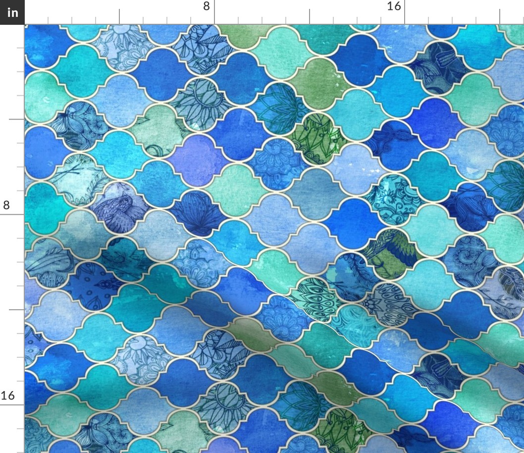 Cobalt Blue and Aqua Decorative Moroccan Tiles Rotated