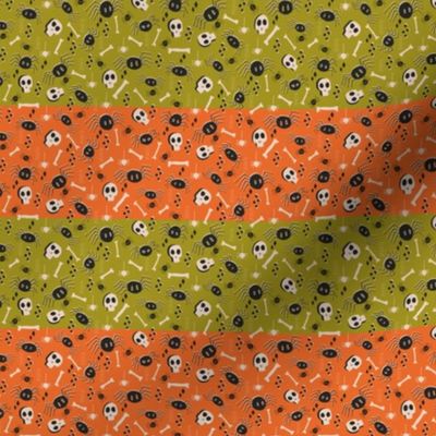 Vintage Halloween Skulls Bones and Spiders, Jelly Roll Stripes, Orange and Green