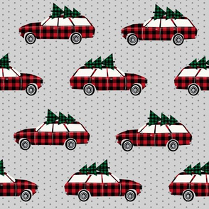 christmas wagon plaid christmas trees christmas fabric vintage retro christmas cars christmas trees on cars - LARGE VERSION