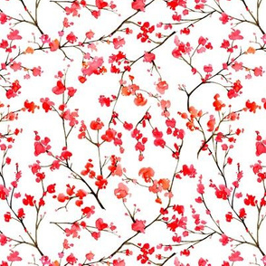 Watercolor brown branches with red small little flowers