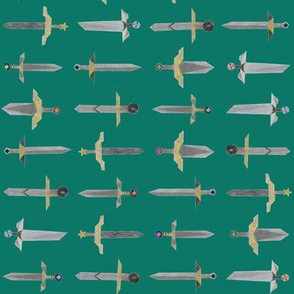 Bubbie's swords in a line - small on spruce green