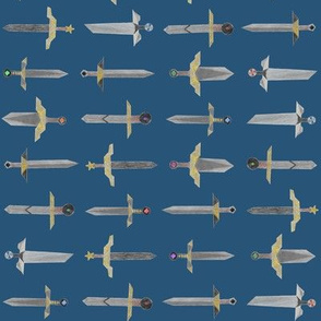 Bubbie's swords in a line - small on marine blue 