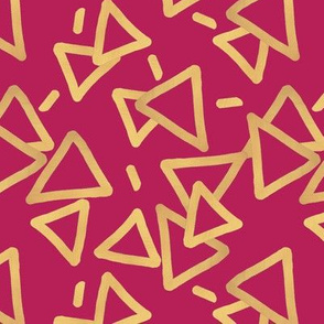 Tossed Gold Foil Triangles on Fuchsia Upholstery Fabric 