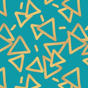 Tossed Gold Foil Triangles on Turquoise Upholstery Fabric 