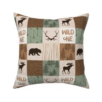 3" Wild One Quilt - green and brown - moose, bear, antlers, hunting camo