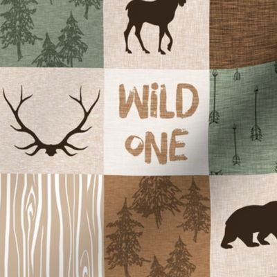 3" Wild One Quilt - green and brown - moose, bear, antlers, hunting camo