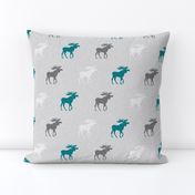 Moose on Linen - teal, grey and white