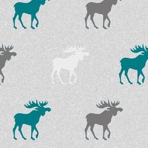 Moose on Linen - teal, grey and white
