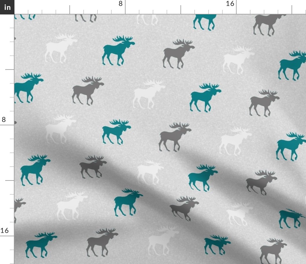 Moose on Linen - teal, grey and white