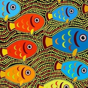Pointillism Fish red blue yellow orange on a black multicolored bright background in polka dot