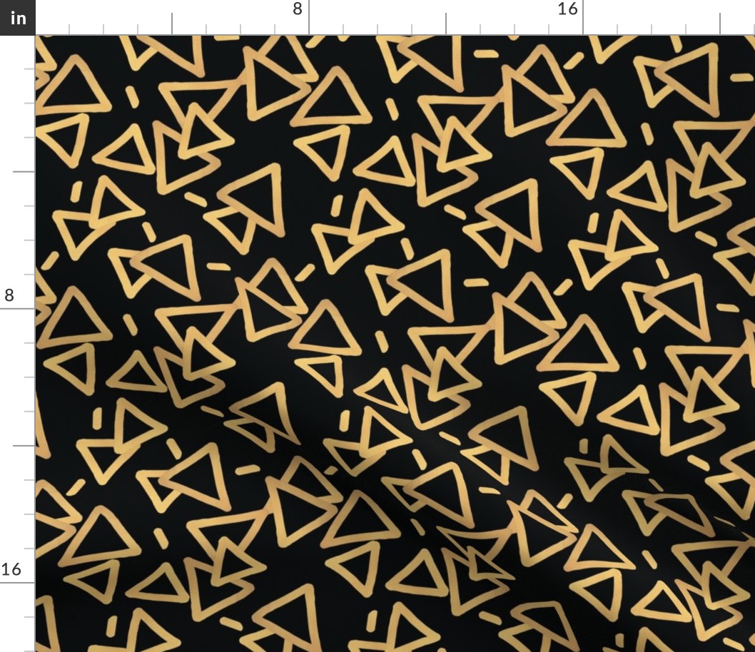 Tossed Gold Foil Triangles on Black Upholstery Fabric 
