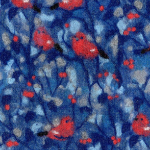 Bullfinches, Red Birds Blue Forest  Wool Painting Faux Texture