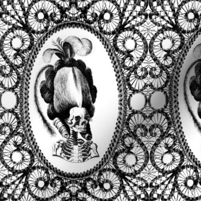 16 Marie Antoinette french France Queen Empress poufs parody caricature skulls skeletons black white filigree frames Victorian lace monochrome trellis elegant gothic lolita Baroque Rococo Princess morbid macabre scary  