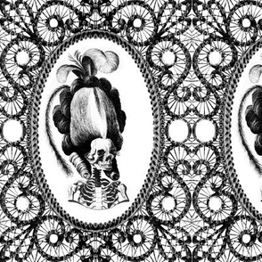 16 Marie Antoinette french France Queen Empress poufs parody caricature skulls skeletons black white filigree frames Victorian lace monochrome trellis elegant gothic lolita Baroque Rococo Princess morbid macabre scary  