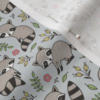 Raccoon with Leaves & Flowers on Light Grey Smaller