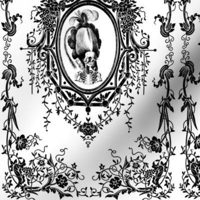25 Marie Antoinette french France Queen Empress poufs skulls skeletons Victorian Princess flowers floral leaves leaf monochrome black white vines elegant gothic lolita Baroque Rococo borders frames medallions  morbid macabre scary parody caricature egl   