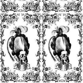 19 Marie Antoinette french France Queen Empress poufs skulls skeletons Victorian Princess flowers floral leaves leaf monochrome black white vines  elegant gothic lolita Baroque Rococo borders frames medallions  morbid macabre scary parody caricature egl  