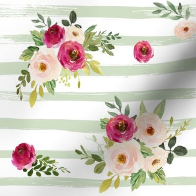 Spring Peony Blooms on Sage Stripes // Medium Scale