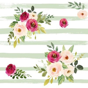 Spring Peony Blooms on Sage Stripes // Medium Scale