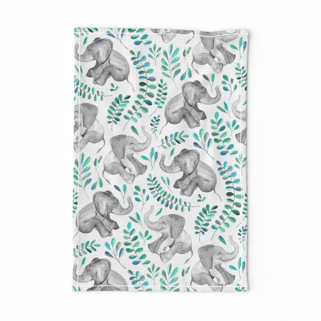 Laughing Baby Elephants with Emerald and Turquoise leaves on white - large print