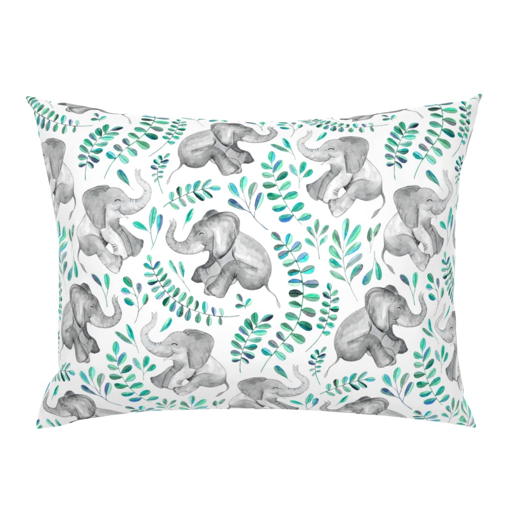 Laughing Baby Elephants with Emerald and Turquoise leaves on white - large print