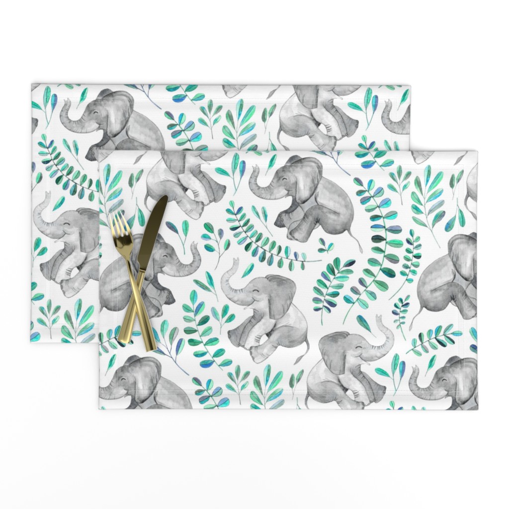 Laughing Baby Elephants with Emerald and Turquoise leaves on white - large print