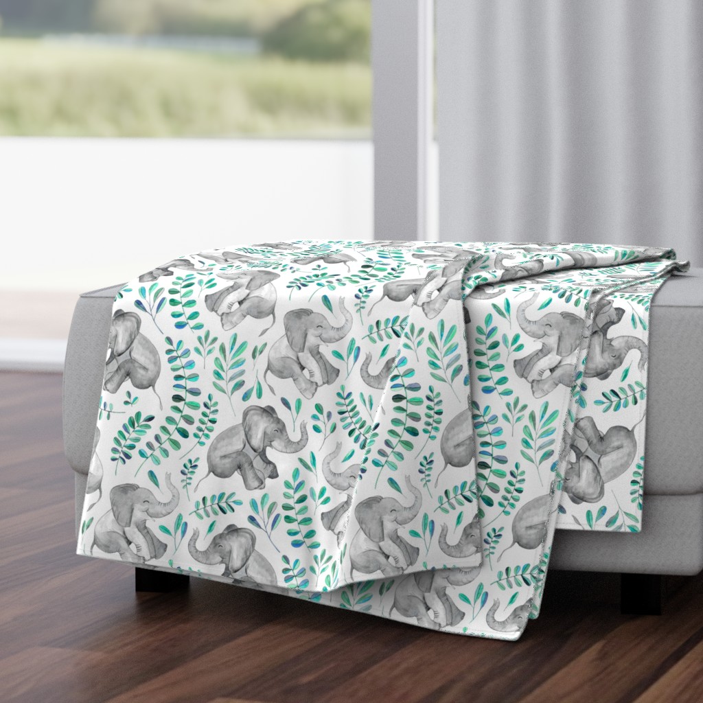 Laughing Baby Elephants with Emerald and Turquoise leaves on white - large print